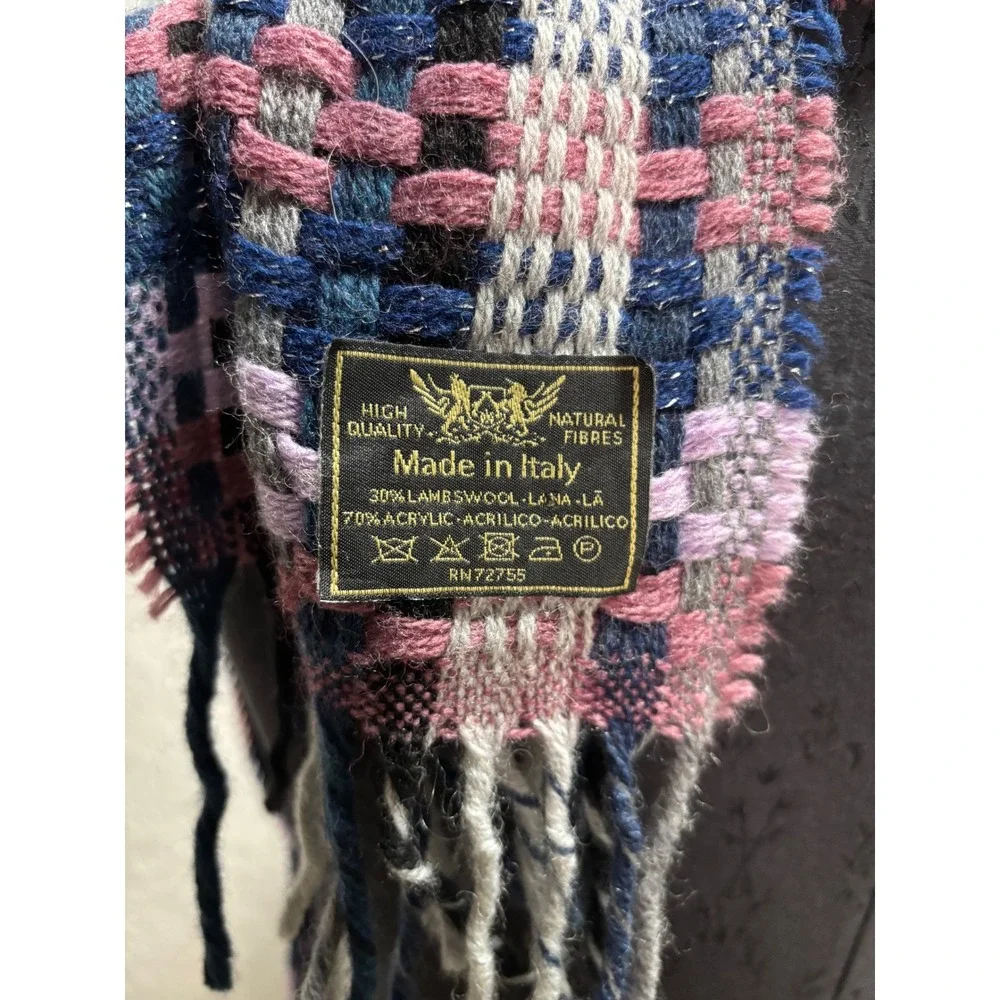 Italian Lambswool Acrylic Blend Plaid‎ Fringe Scarf Blue Pink Gray Sparkle